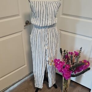 Forever 21 Comtemporary White and Blue Striped Jumpsuit